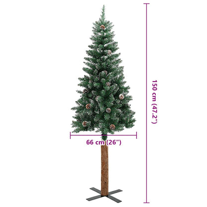Albero di Natale Sottile con Legno Vero e Neve Verde 150 cm