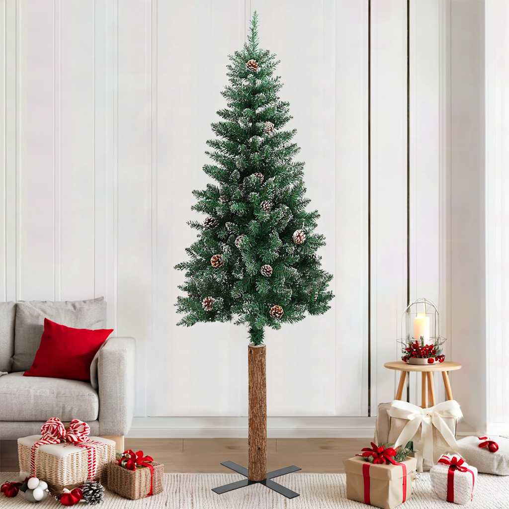 Albero di Natale Sottile con Legno Vero e Neve Verde 210 cm