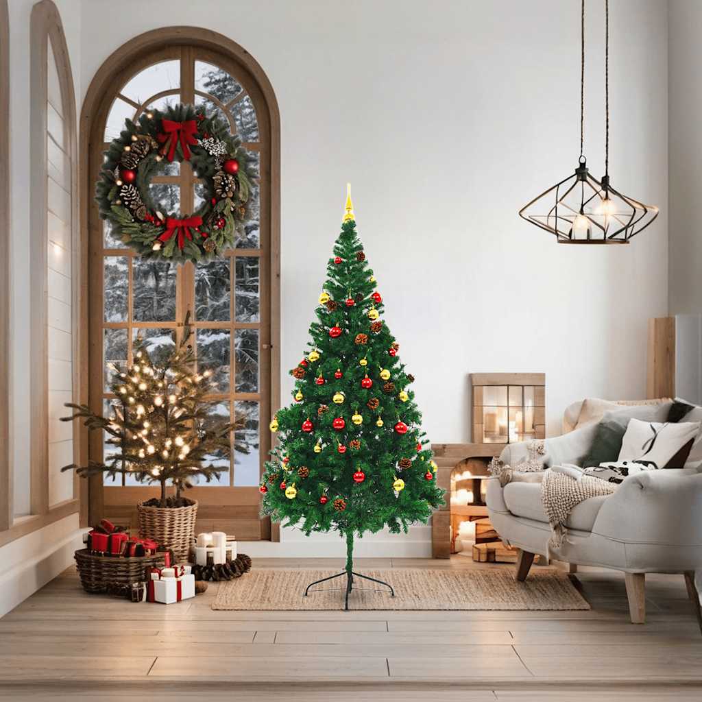 Albero di Natale Preilluminato con Palline Verde 180 cm