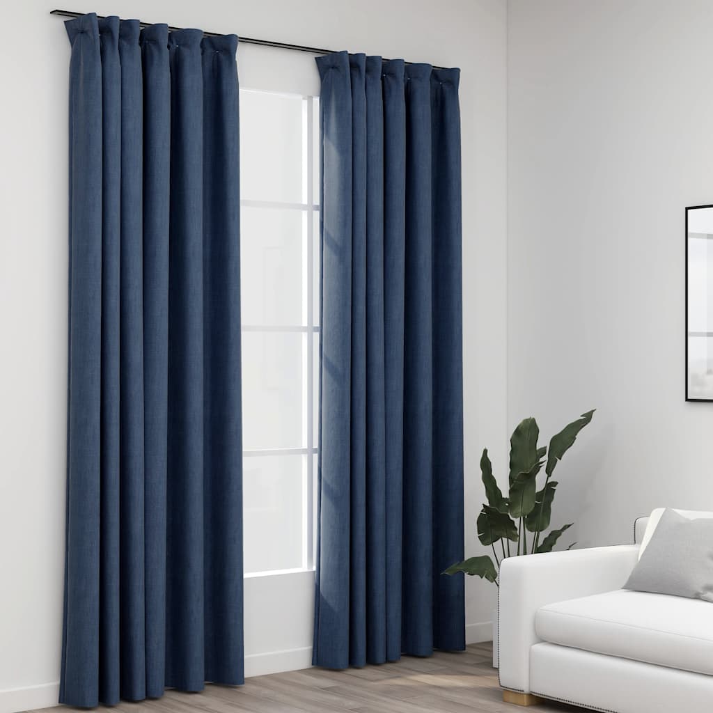 Tende Oscuranti con Ganci Effetto Lino 2 pz Blu 140x225 cm | homemem39