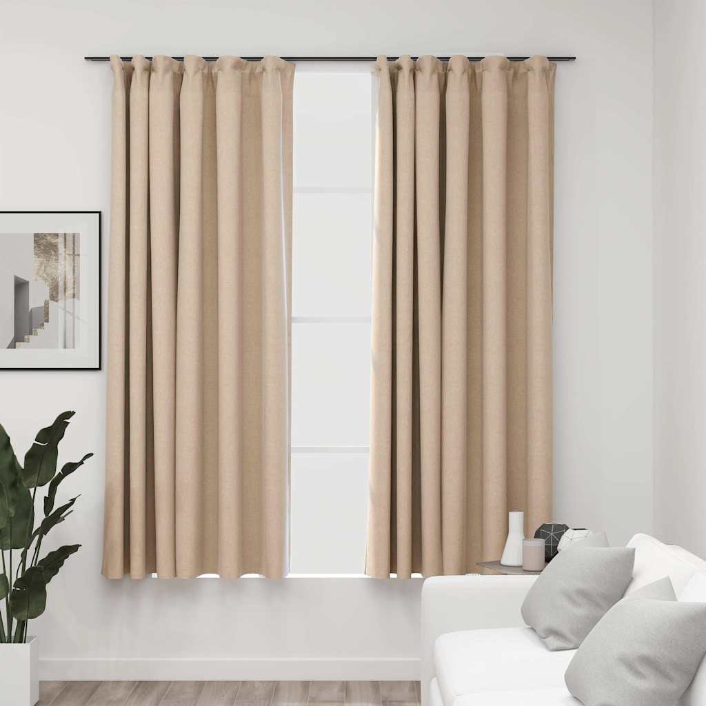 Tende Oscuranti con Ganci Effetto Lino 2 pz Beige 140x175 cm