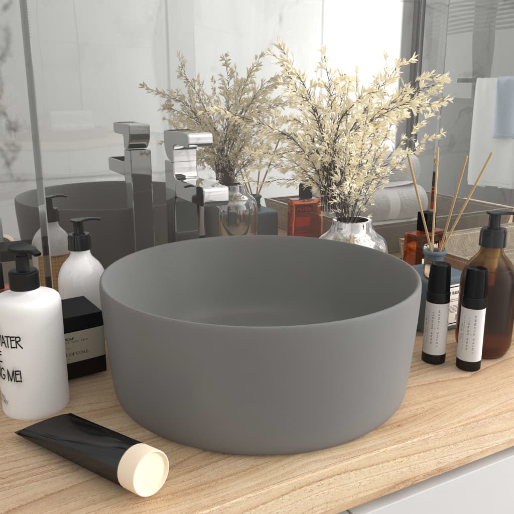 Lavandino Lusso Rotondo Grigio Chiaro Opaco 40x15cm in Ceramica - homemem39