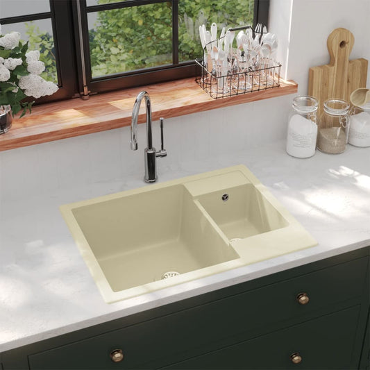 Lavello da Cucina Doppio con Foro Troppopieno Beige in Granito - homemem39