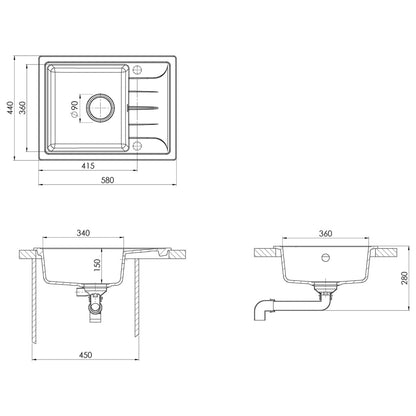 Lavello da Cucina con Foro Troppopieno Ovale Nero in Granito - homemem39