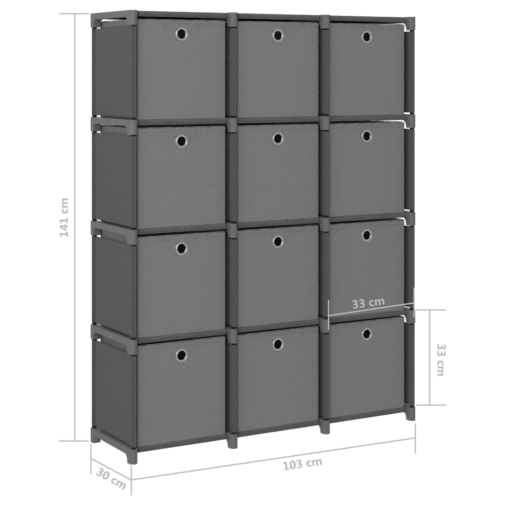 Mensola con 12 Scatole a Cubo Grigia 103x30x141 cm in Tessuto | homemem39