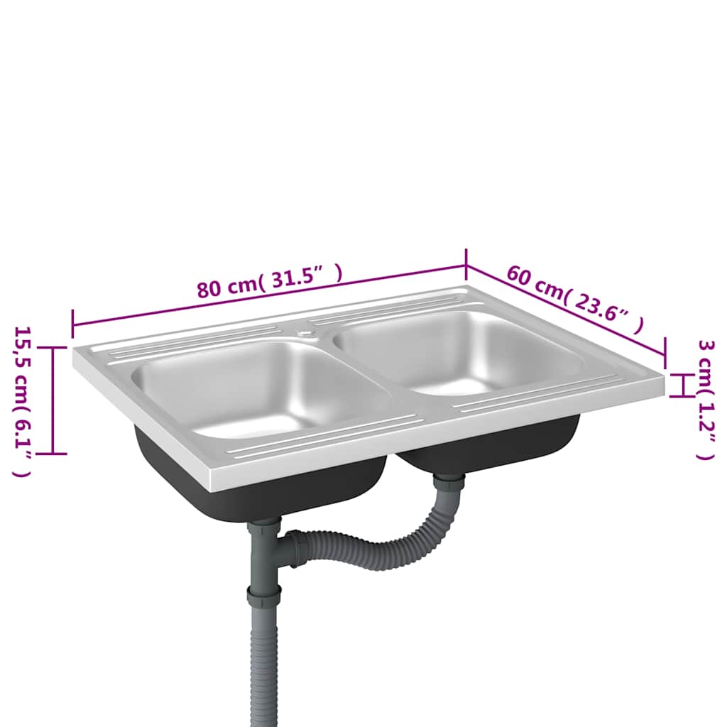 Lavello Cucina Doppia Vasca 800x600x155 mm Argento Acciaio Inox | homemem39