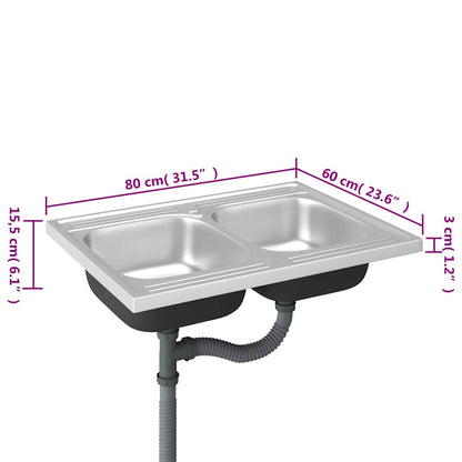 Lavello Cucina Doppia Vasca 800x600x155 mm Argento Acciaio Inox | homemem39