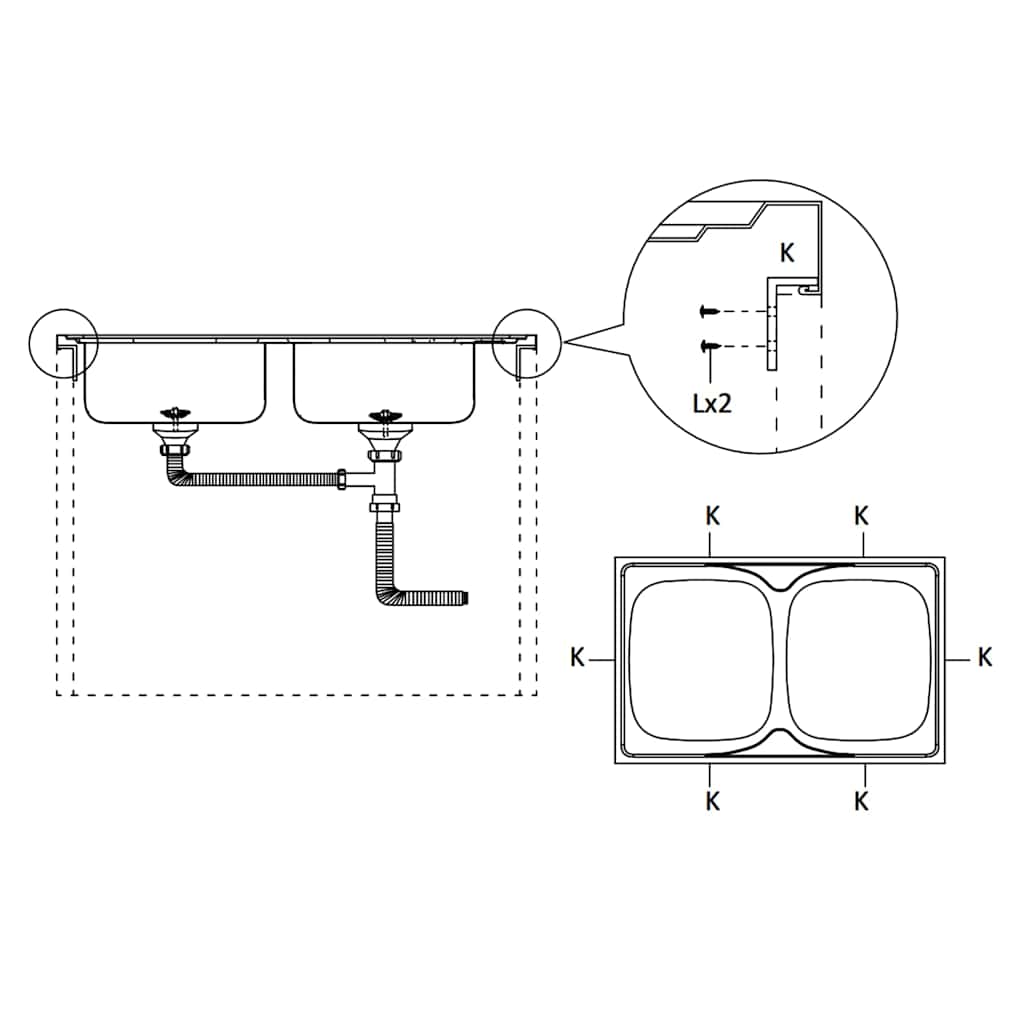 Lavello Cucina Doppia Vasca 1200x500x155mm Argento Acciaio Inox