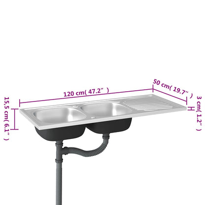 Lavello Cucina Doppia Vasca 1200x500x155mm Argento Acciaio Inox