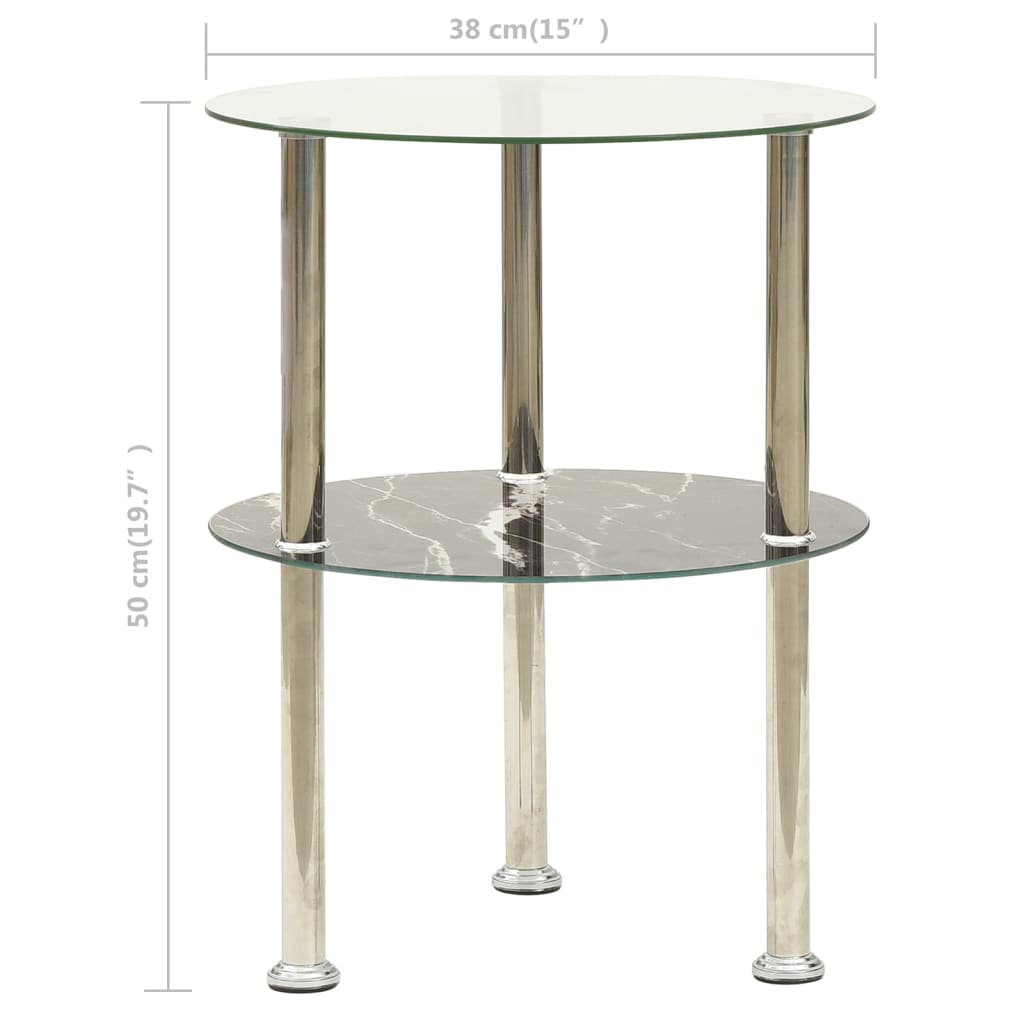Tavolino a 2Livelli Trasparente&Nero Marmo 38cm Vetro Temperato - homemem39