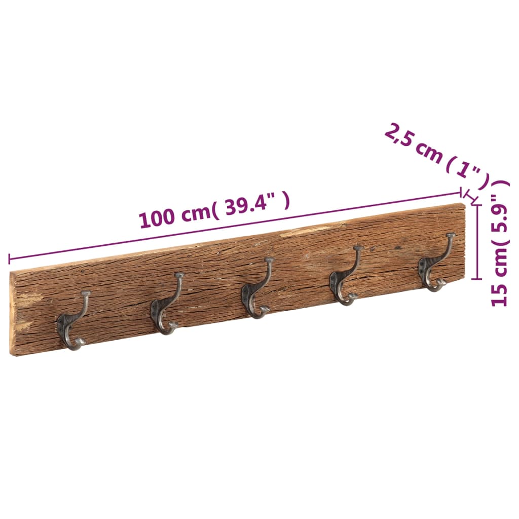 Appendiabiti Parete 5 Ganci 100x2,5x15cm Massello di Recupero - homemem39