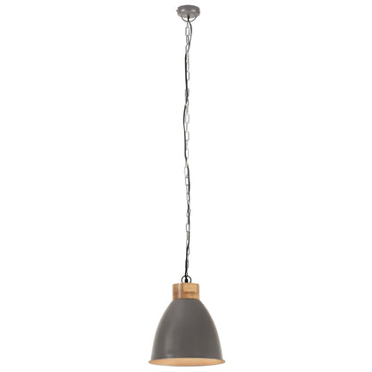 Lampadario Industriale Grigio Ferro e Legno Massello 35 cm E27