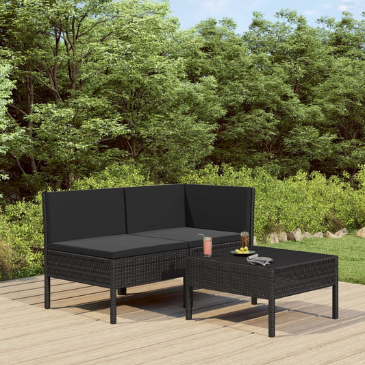 Set Divani da Giardino 3 pz con Cuscini in Polyrattan Nero | homemem39