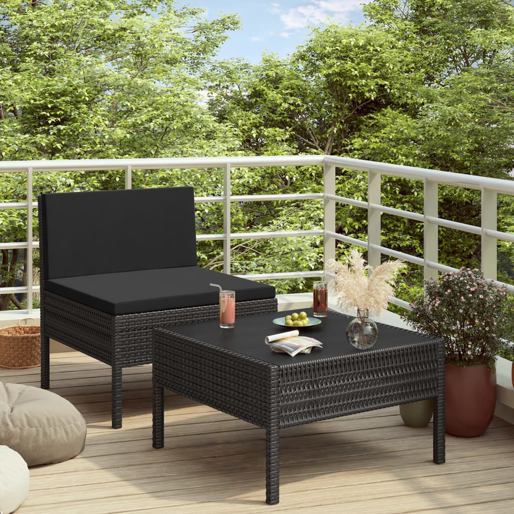 2 pc Garden Sofa Set with Black Polyrattan Cushions