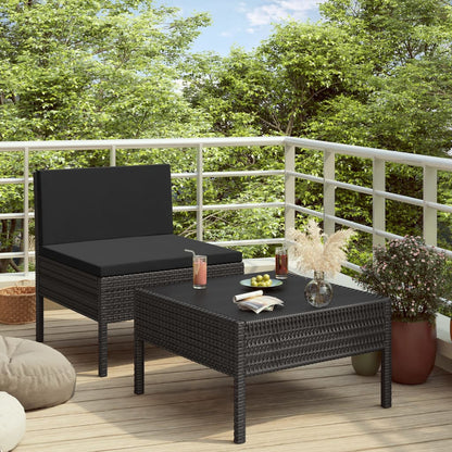 2 pc Garden Sofa Set with Black Polyrattan Cushions