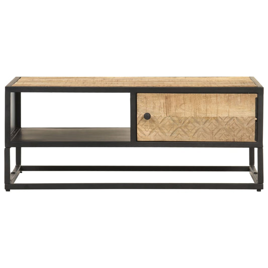 Tavolino con Anta Intagliata 90x55x36 cm Legno di Mango Grezzo | homemem39