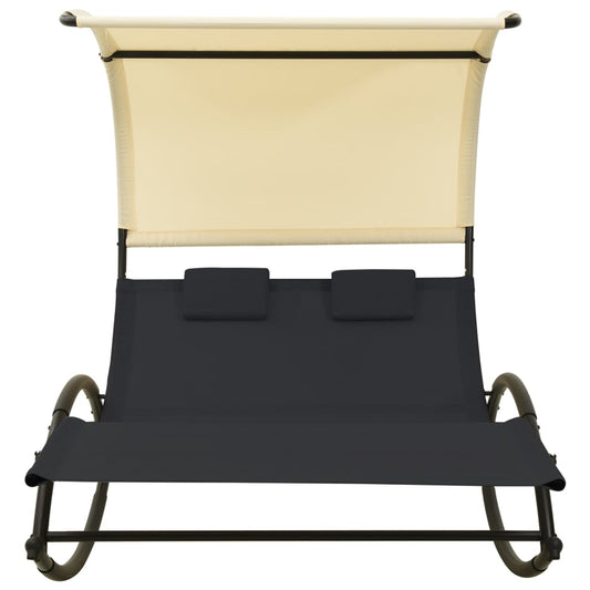 Lettino Prendisole Doppio Baldacchino in Textilene Nero e Crema - homemem39