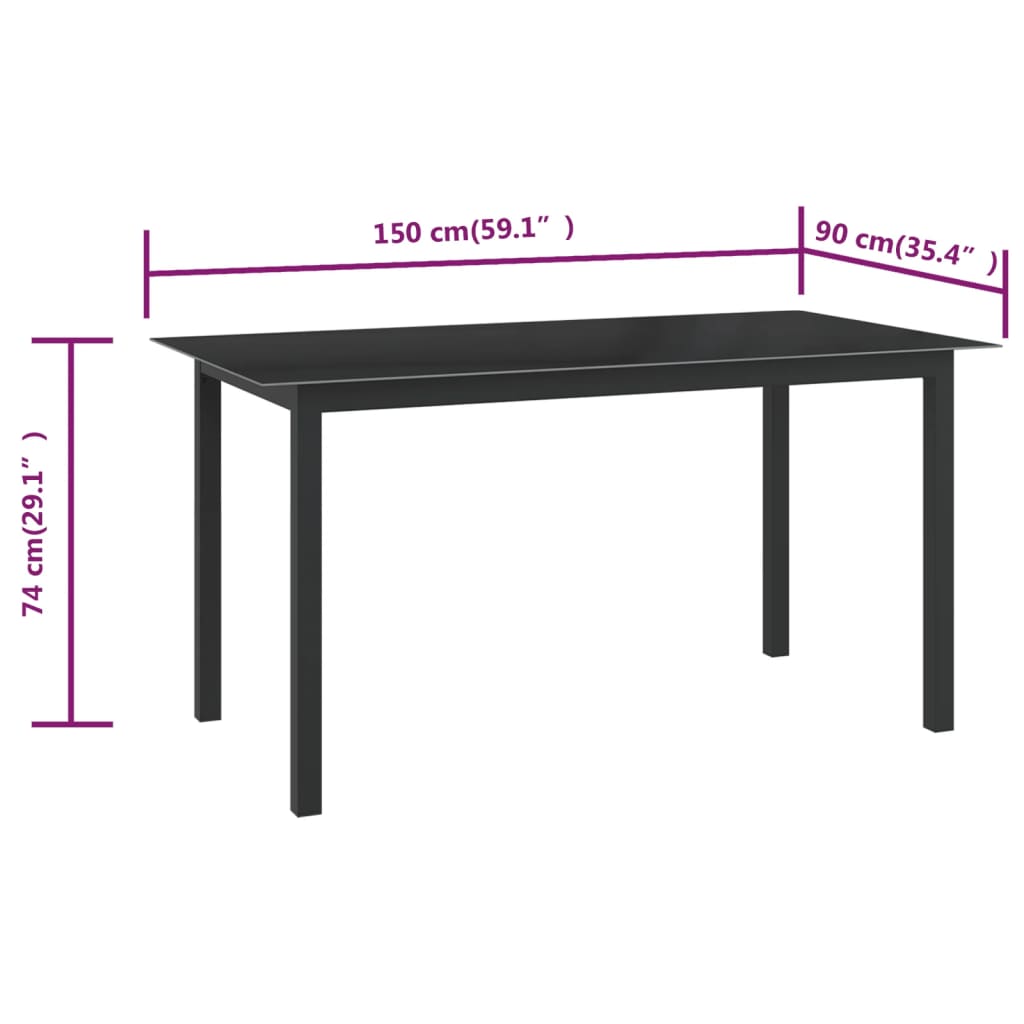 Tavolo da Giardino Nero 150x90x74cm in Alluminio e Vetro | homemem39