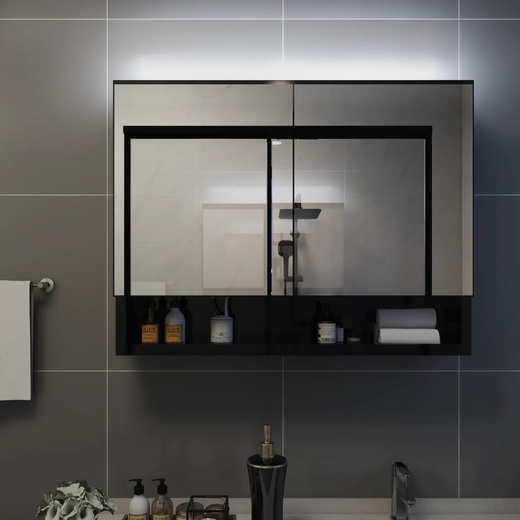 Armadietto a Specchio con LED Nero 80x15x60 cm in MDF | homemem39