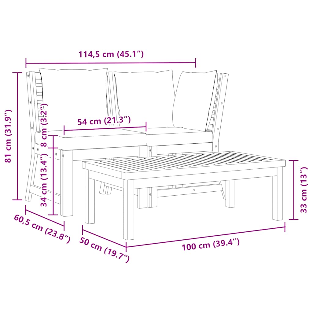 Set Divani Giardino 3pz Cuscini Grigio Scuro Acacia Massello