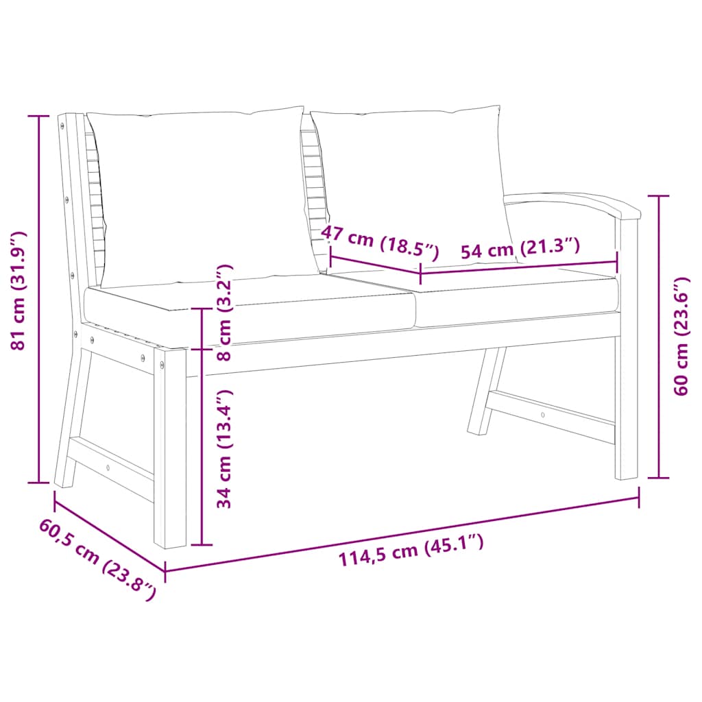 Panca da Giardino 114,5cm con Cuscino Grigio Massello di Acacia