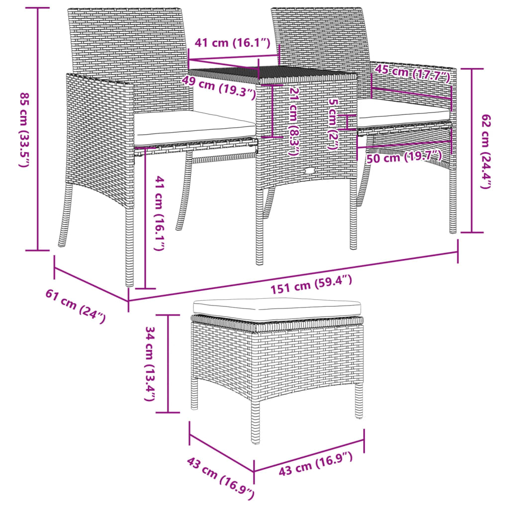 Divano da Giardino a 2 Posti Tavolino e Pouf Polyrattan Grigio | homemem39