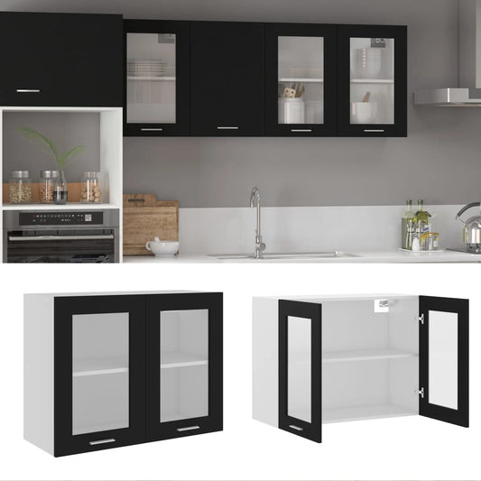 Mobile Pensile con Vetro “Lyon” Nero 80x31x60 cm - homemem39