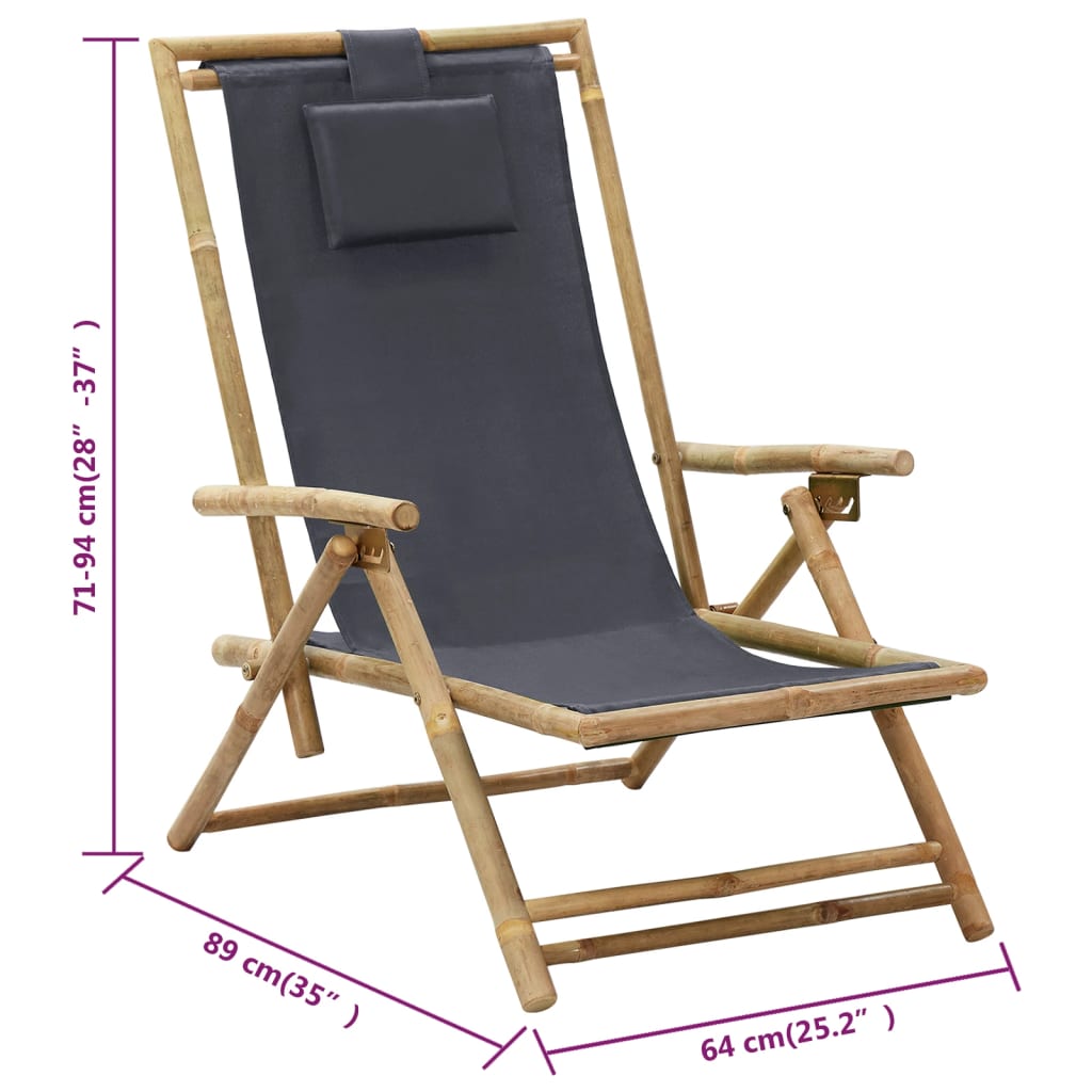 Sedia Relax reclinabile Grigio Scuro in Bambù e Tessuto - homemem39