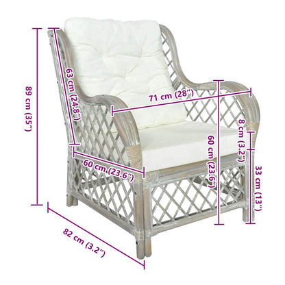 Poltrona con Cuscino Grigio in Rattan Naturale e Lino