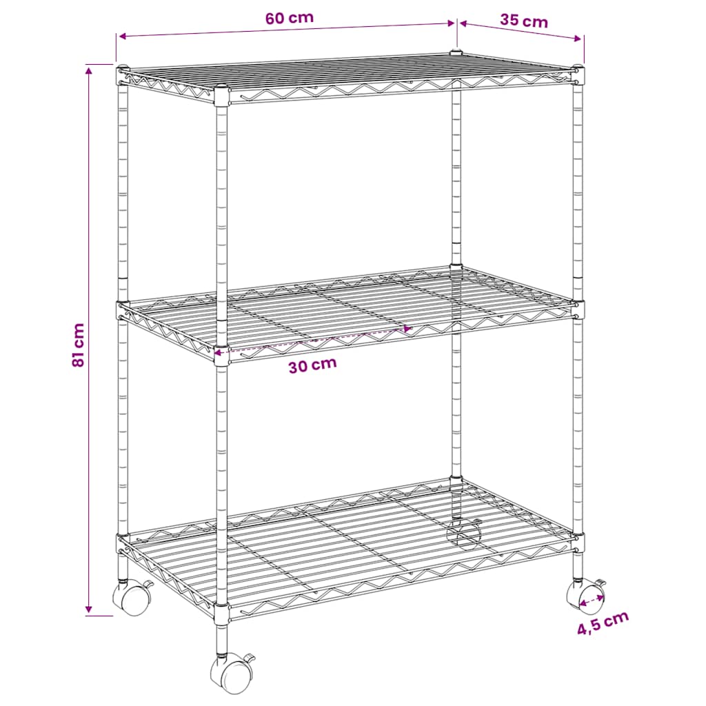 Scaffale a 3 Livelli con Ruote 60x35x81 cm Cromato 150 kg | homemem39