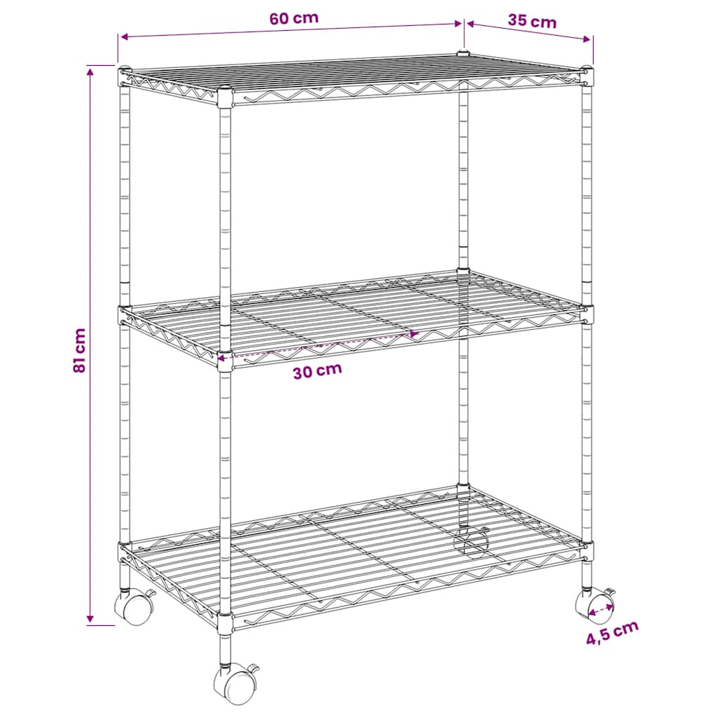 Scaffale a 3 Livelli con Ruote 60x35x81 cm Nero 150 kg | homemem39