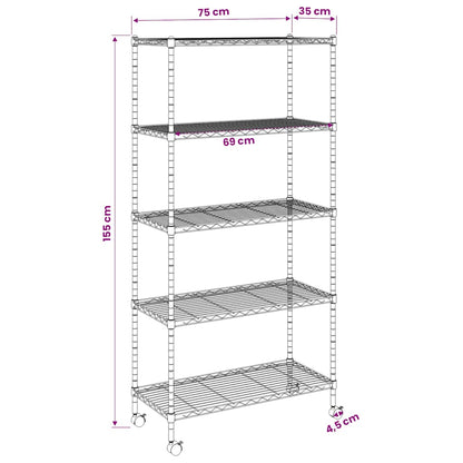 Scaffale a 5 Livelli con Ruote 75x35x155 cm Cromato 250 kg | homemem39