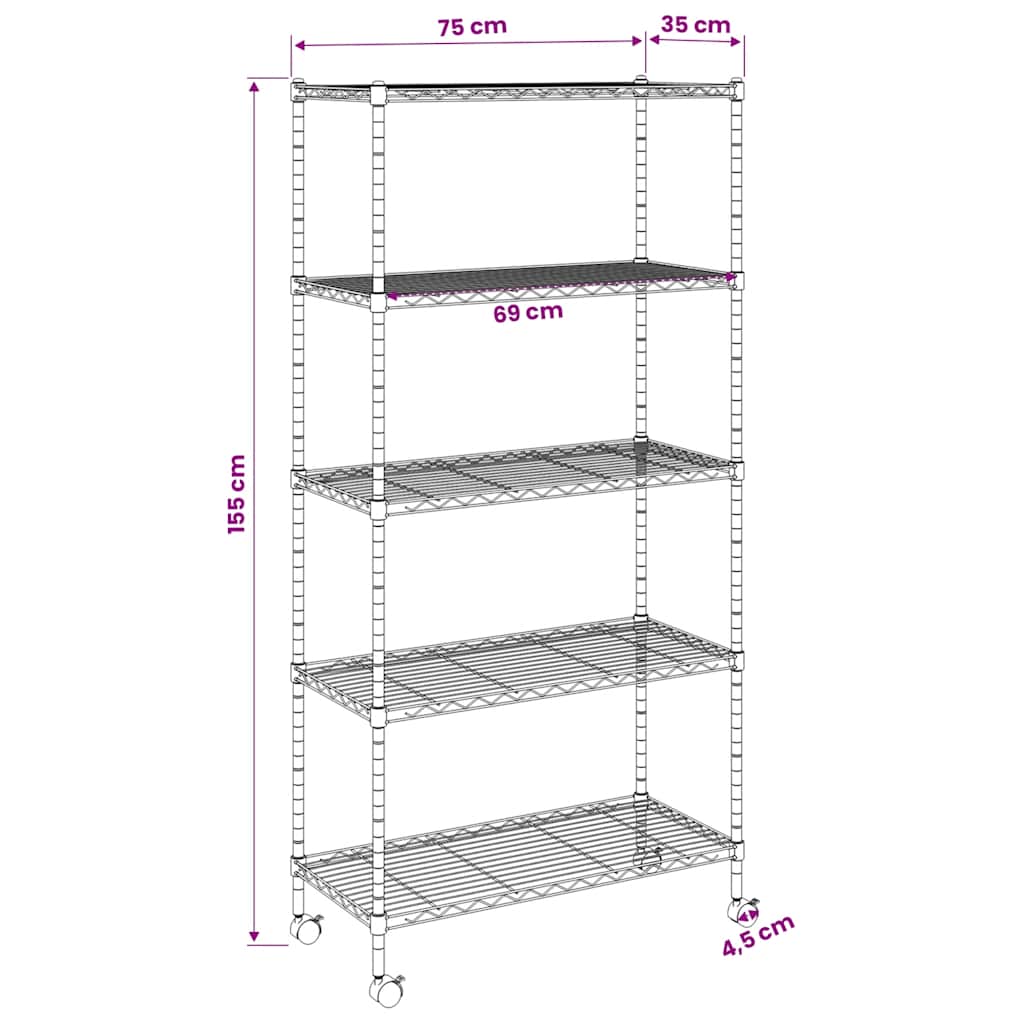 Scaffale a 5 Livelli con Ruote 75x35x155 cm Nero 250 kg | homemem39