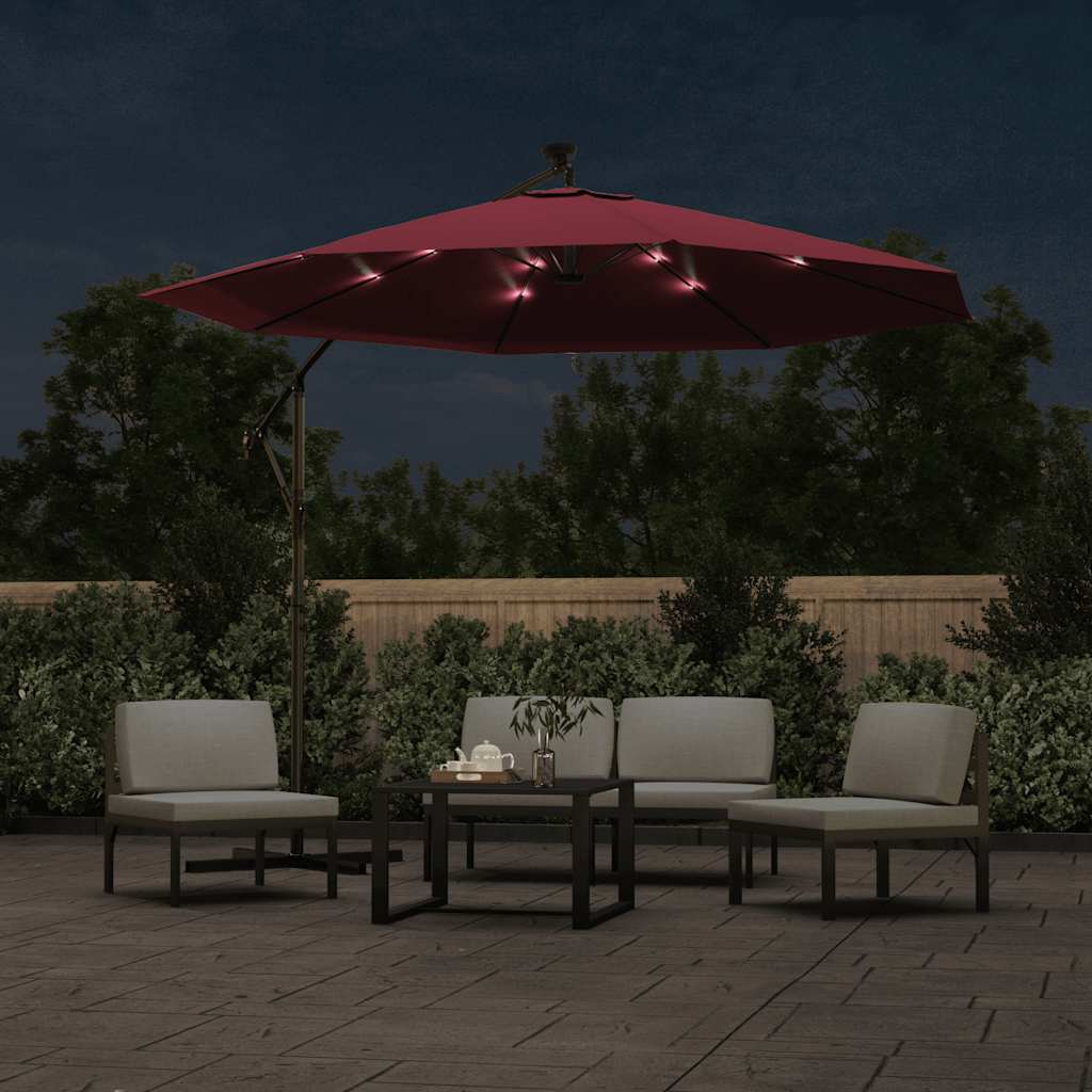 Ombrellone a Sbalzo con LED e Palo in Acciaio 300 cm Rosso Vino | homemem39