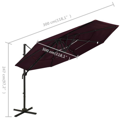 Ombrellone a Sbalzo 4 Livelli Palo in Alluminio 3x3 m Bordeaux - homemem39
