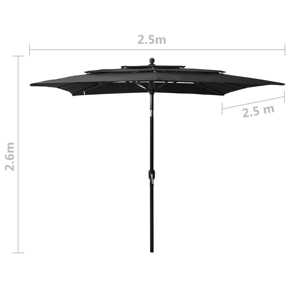 Ombrellone a Sbalzo 3 Livelli Palo Alluminio 2,5x2,5 m Nero | homemem39