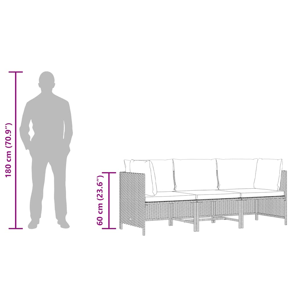 Divano da Giardino a 3 Posti con Cuscini in Polyrattan Grigio