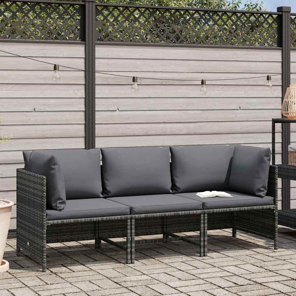 Divano da Giardino a 3 Posti con Cuscini in Polyrattan Grigio