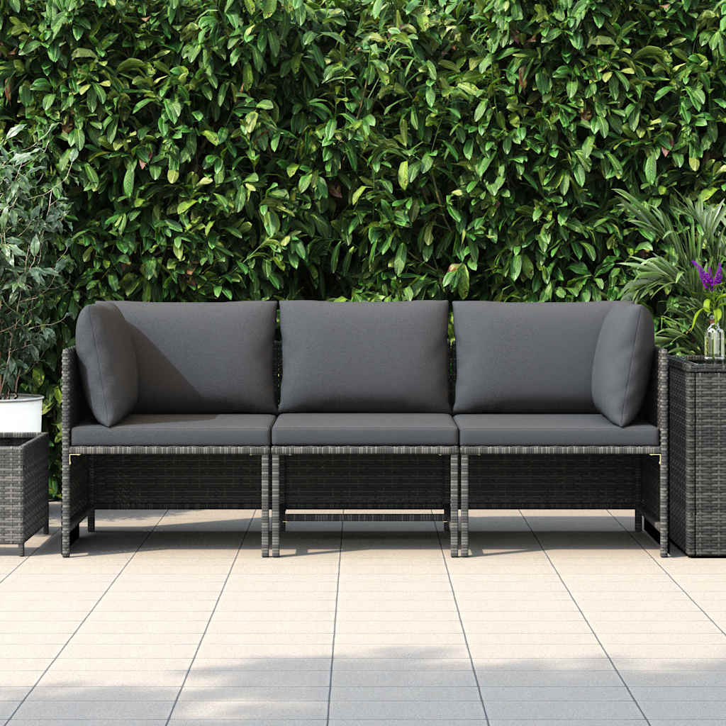 Divano da Giardino a 3 Posti con Cuscini in Polyrattan Grigio