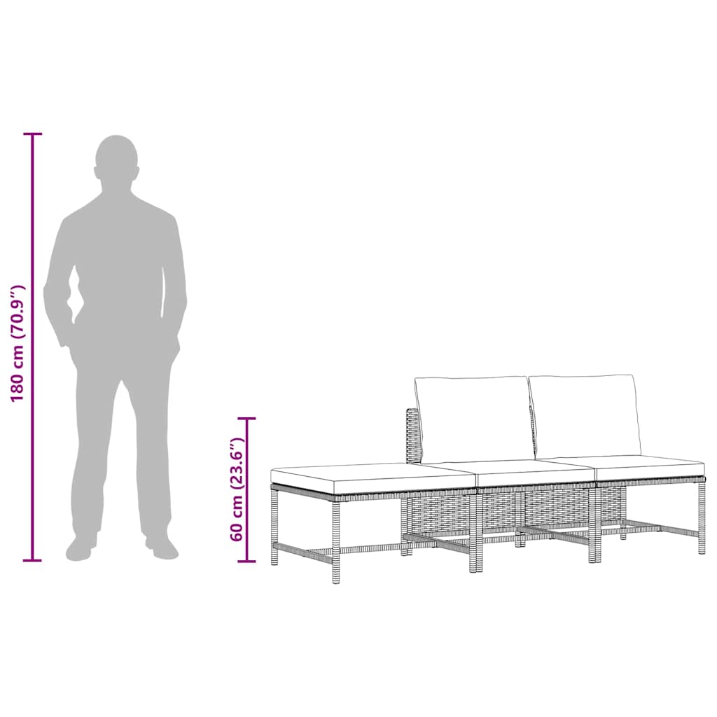 Set Divani da Giardino 3 pz con Cuscini Grigio in Polyrattan