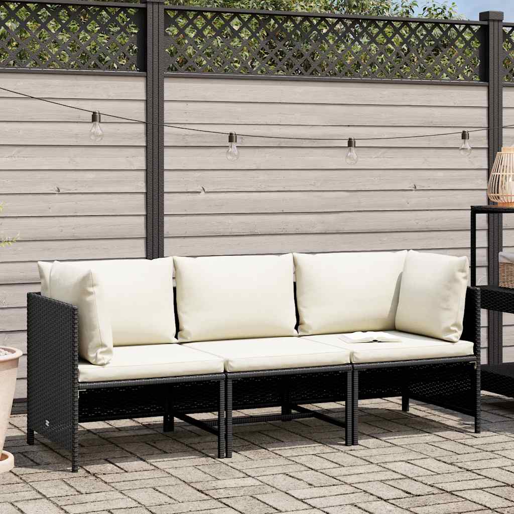 Divano da Giardino a 3 Posti con Cuscini in Polyrattan Nero | homemem39