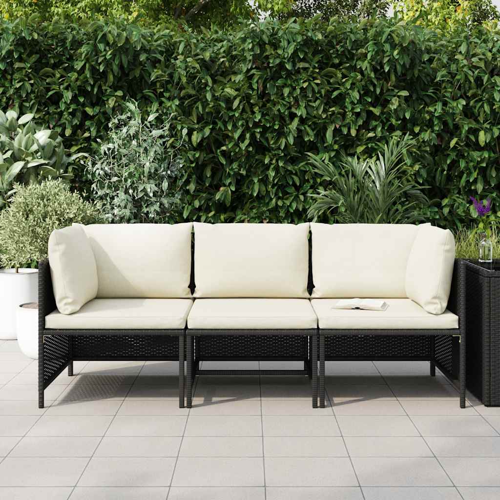 Divano da Giardino a 3 Posti con Cuscini in Polyrattan Nero