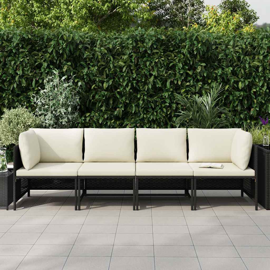 Divano da Giardino a 4 Posti con Cuscini Nero in Polyrattan