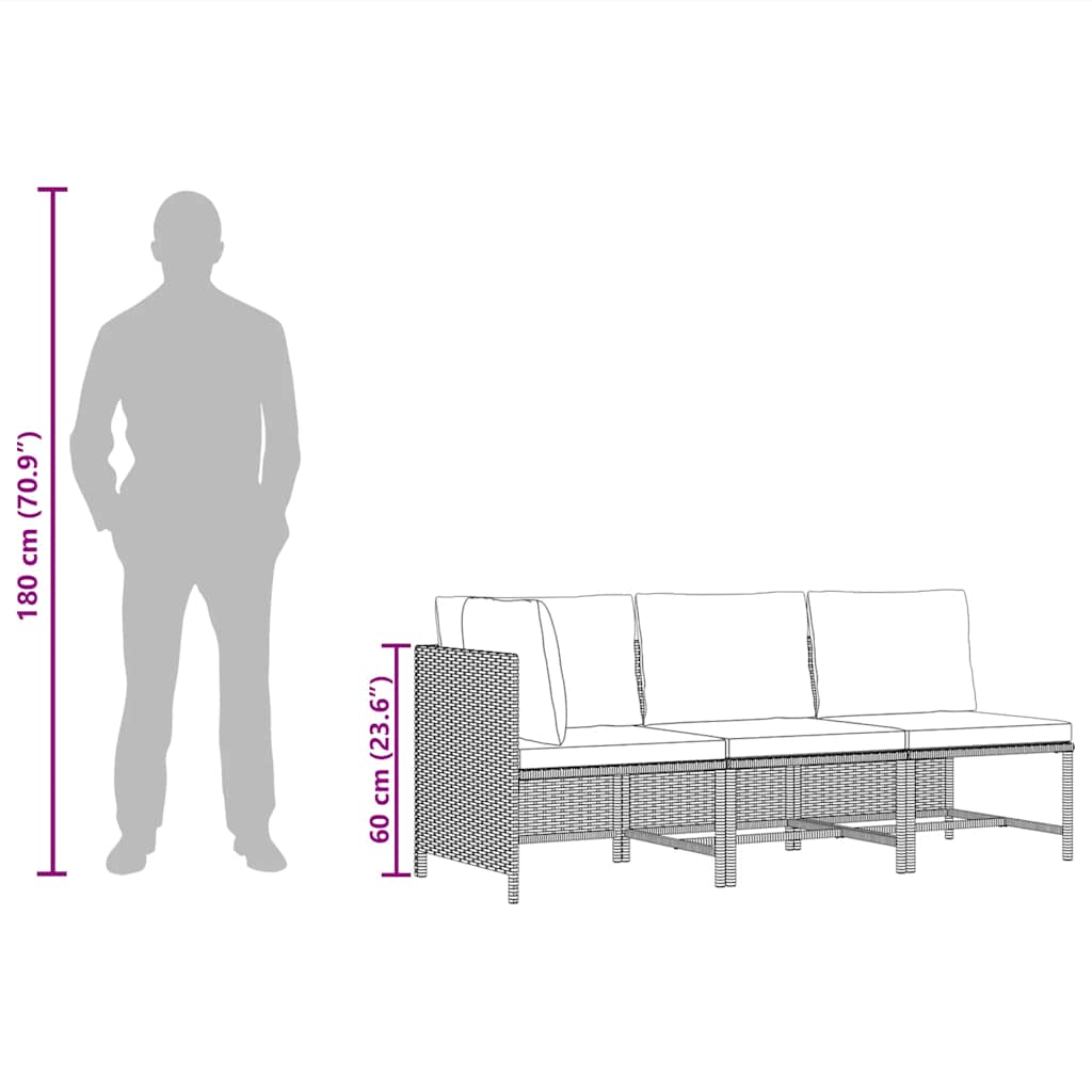 Set Divani da Giardino 3 pz con Cuscini in Polyrattan Nero - homemem39