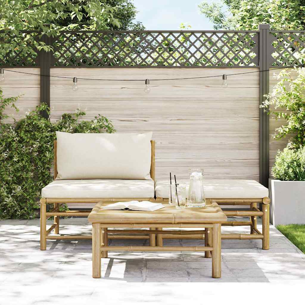 Set Divani da Giardino 3 pz con Cuscini Bianco Crema in Bambù - homemem39