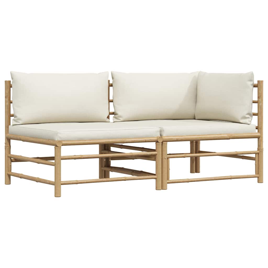 Set Divani da Giardino 2 pz con Cuscini Bianco Crema in Bambù