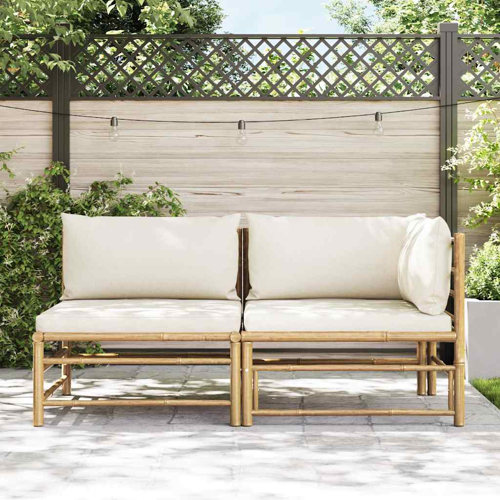 Set Divani da Giardino 2 pz con Cuscini Bianco Crema in Bambù