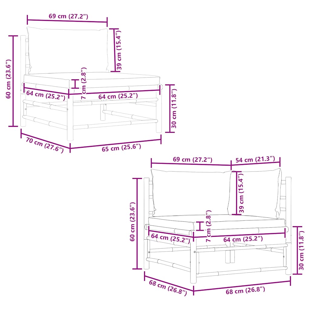 Set Divani da Giardino 2 pz con Cuscini Bianco Crema in Bambù