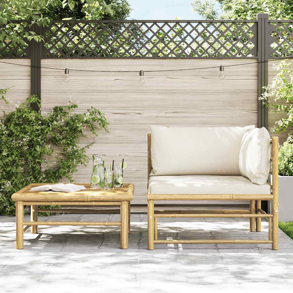 Set Divani da Giardino 2 pz con Cuscini Bianco Crema in Bambù