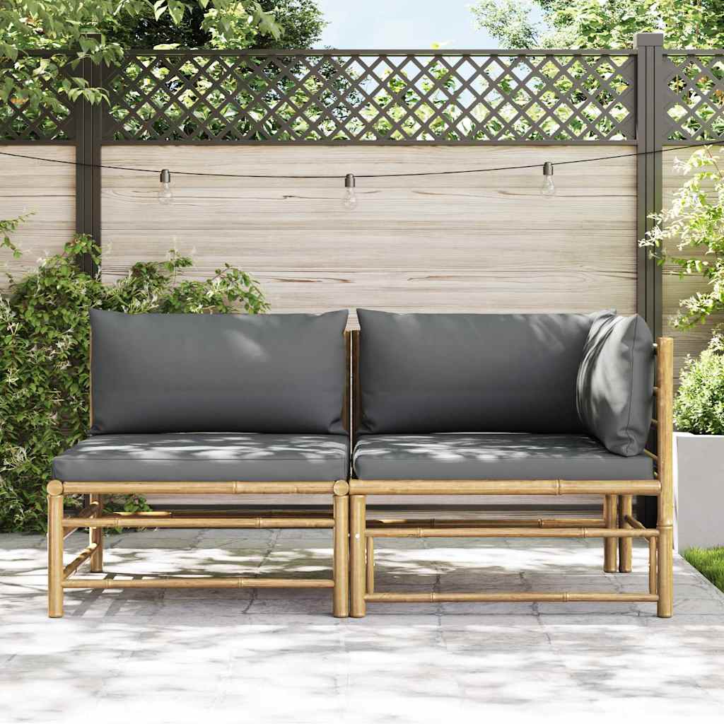 Set Divani da Giardino 2 pz con Cuscini Grigio Scuro in Bambù